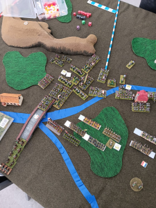 (3) T2: Russian left, The French have quickly reached the bridge. The Vanguard division, inline, is in the woods next to the bridge and on the end of the bridge.